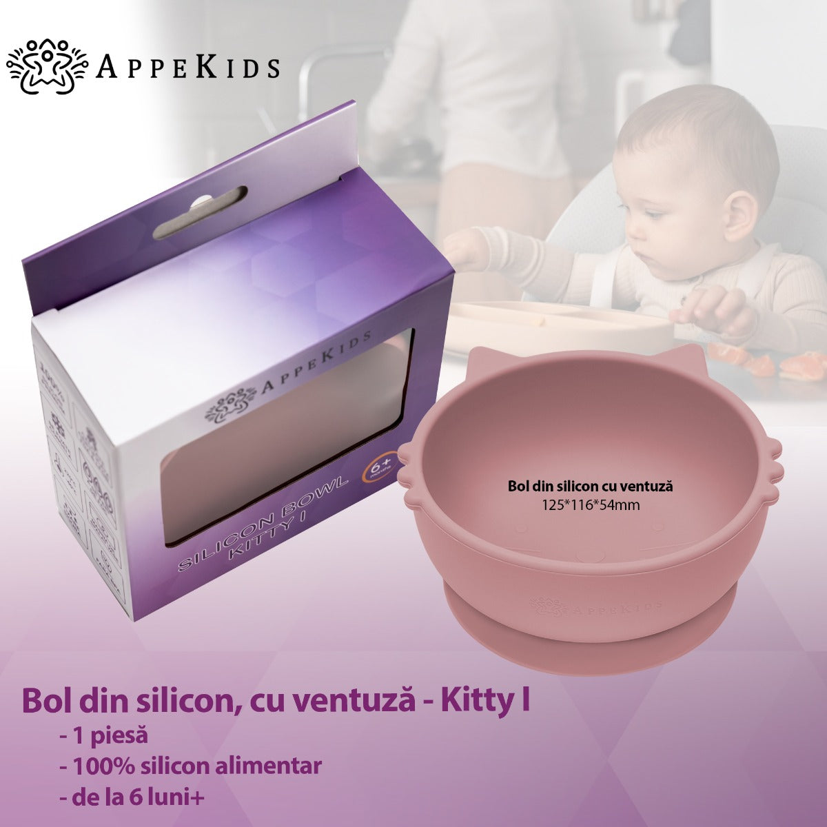 Bol din silicon, AppeKids, Kitty I - Old Rose - gogobaby.ro