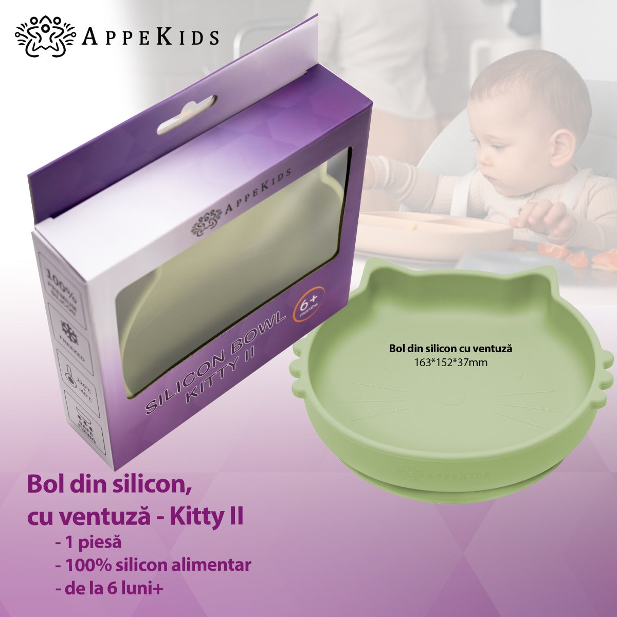 Bol din silicon, AppeKids, Kitty II - Raw Green - gogobaby.ro