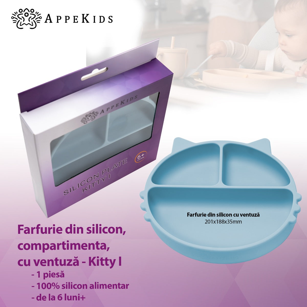 Farfurie compartimentata din silicon cu ventuza, AppeKids - Kitty - Aqua Blue - gogobaby.ro