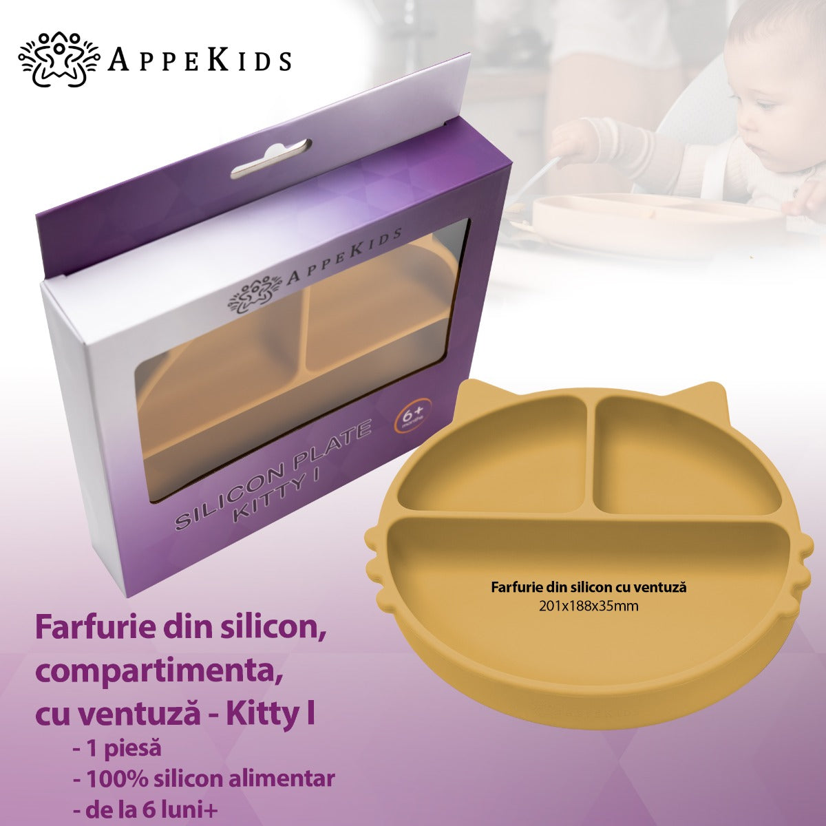 Farfurie compartimentata din silicon cu ventuza, AppeKids - Kitty - Honey - gogobaby.ro