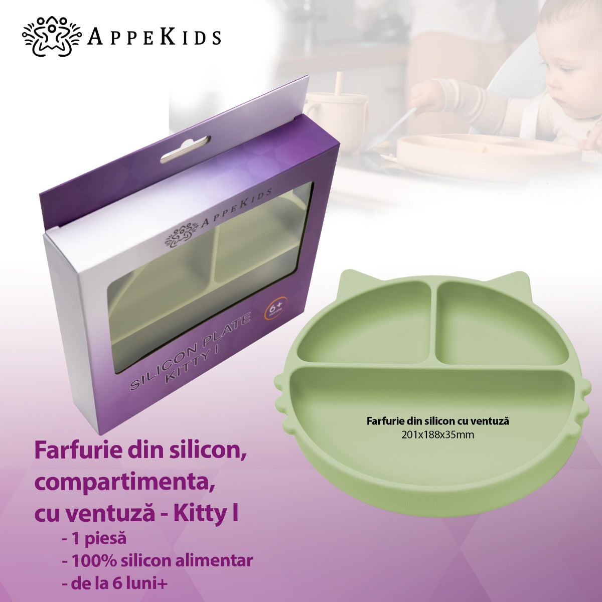 Farfurie compartimentata din silicon cu ventuza, AppeKids - Kitty - Raw Green - gogobaby.ro