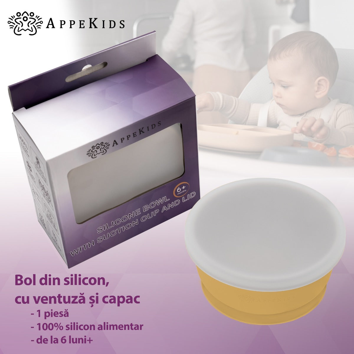 Bol din silicon cu ventuza si capac, AppeKids - Honey - gogobaby.ro