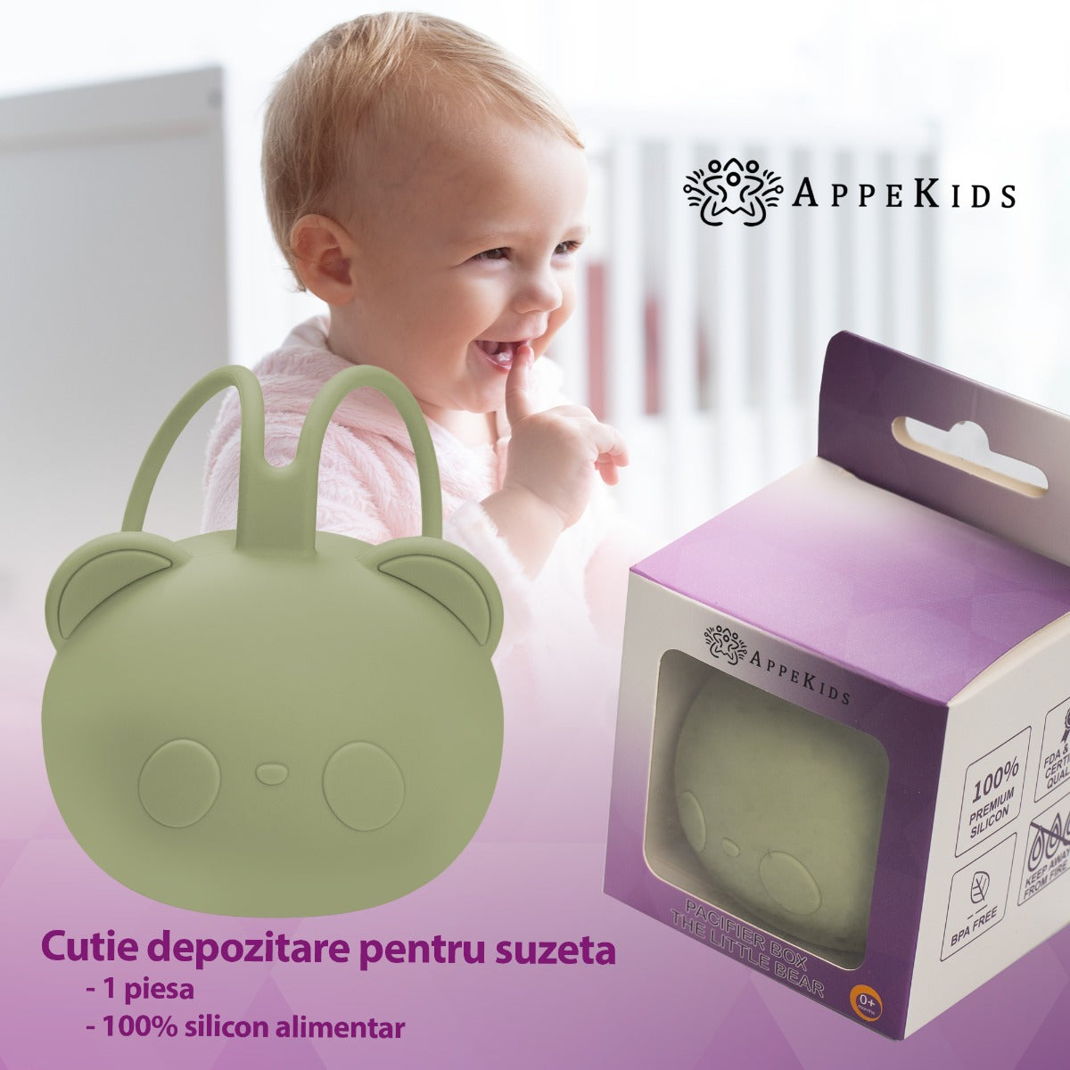 Suport pentru suzeta din silicon, AppeKids, The Little Bear - Raw Green - gogobaby.ro