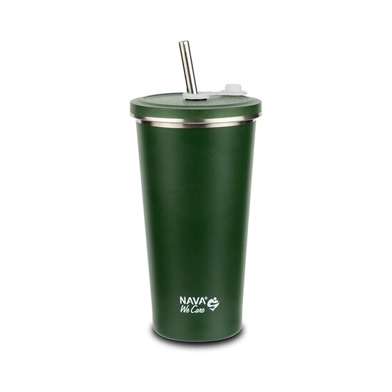 Cana termica cu pai din otel inoxidabil, Nava We care, 520 ml, verde