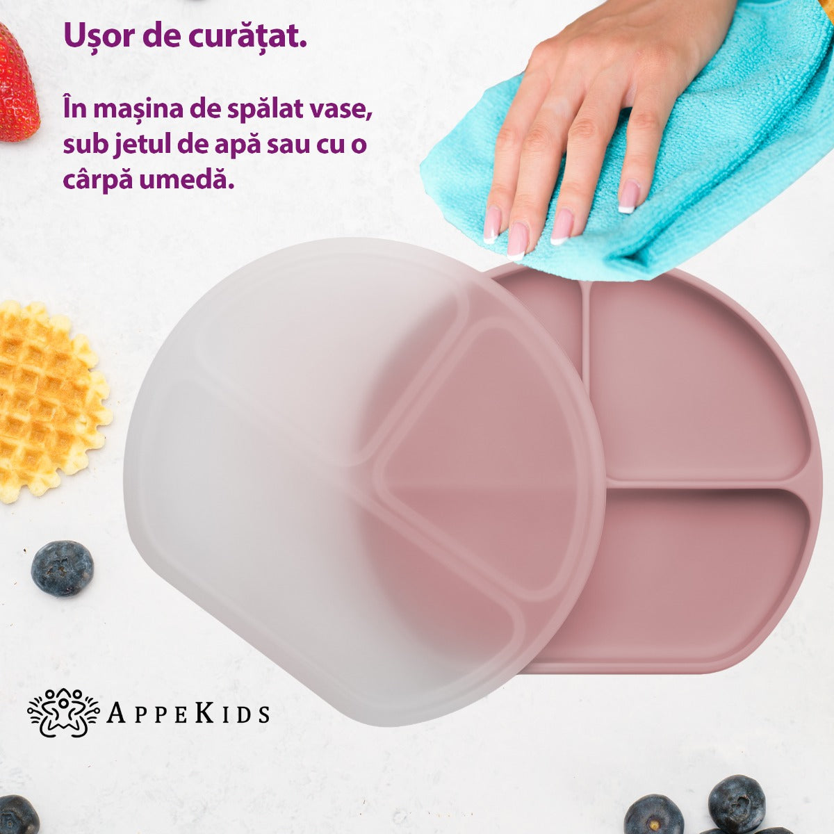 Farfurie compartimentata din silicon cu ventuza si capac, AppeKids - Old Rose