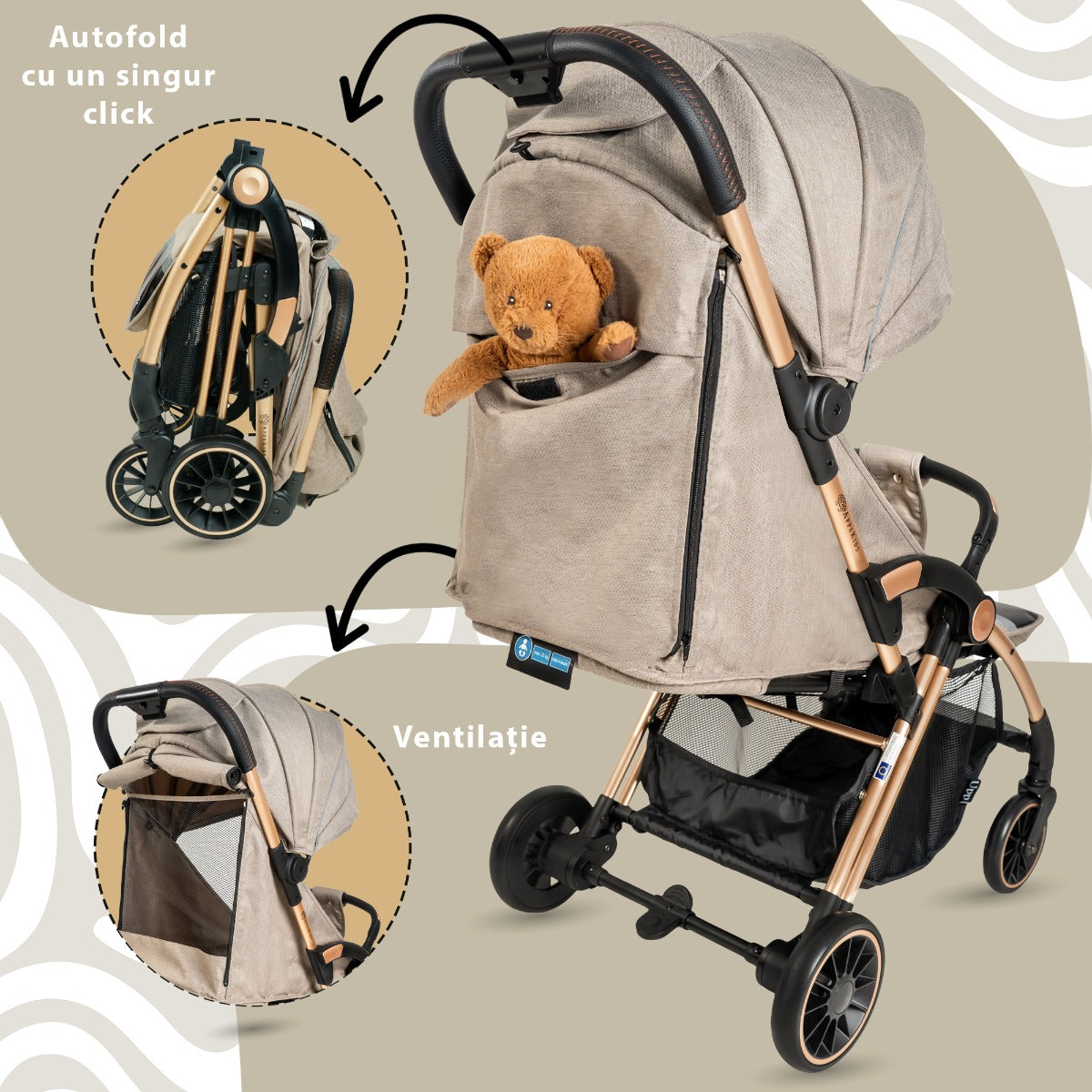 Carucior Sport AppeKids – Upp – Ultracompact, Pliere automata, De la nastere la 22kg - Bubble Beige