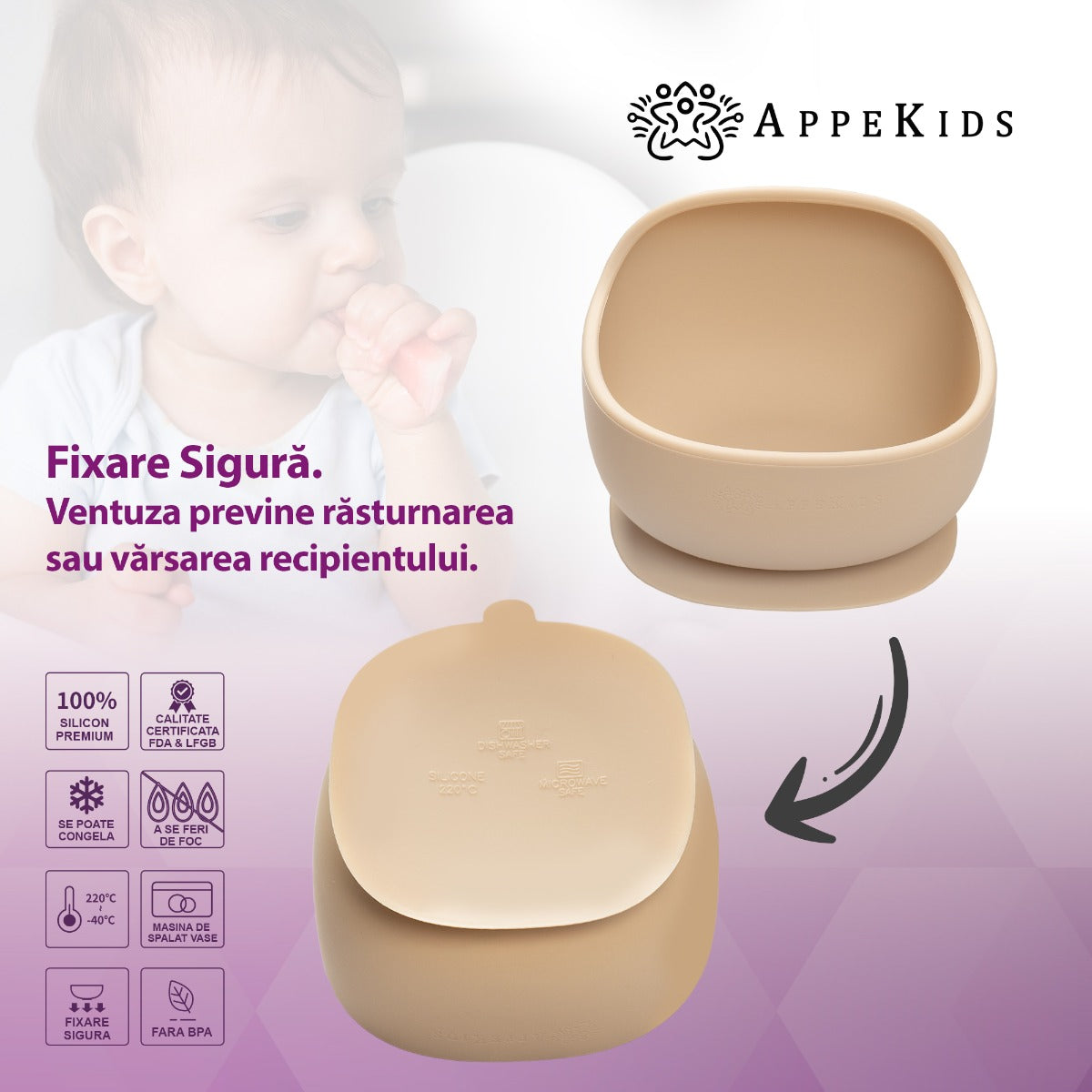 Bol din silicon cu ventuza, AppeKids, Classic - Bubble Beige