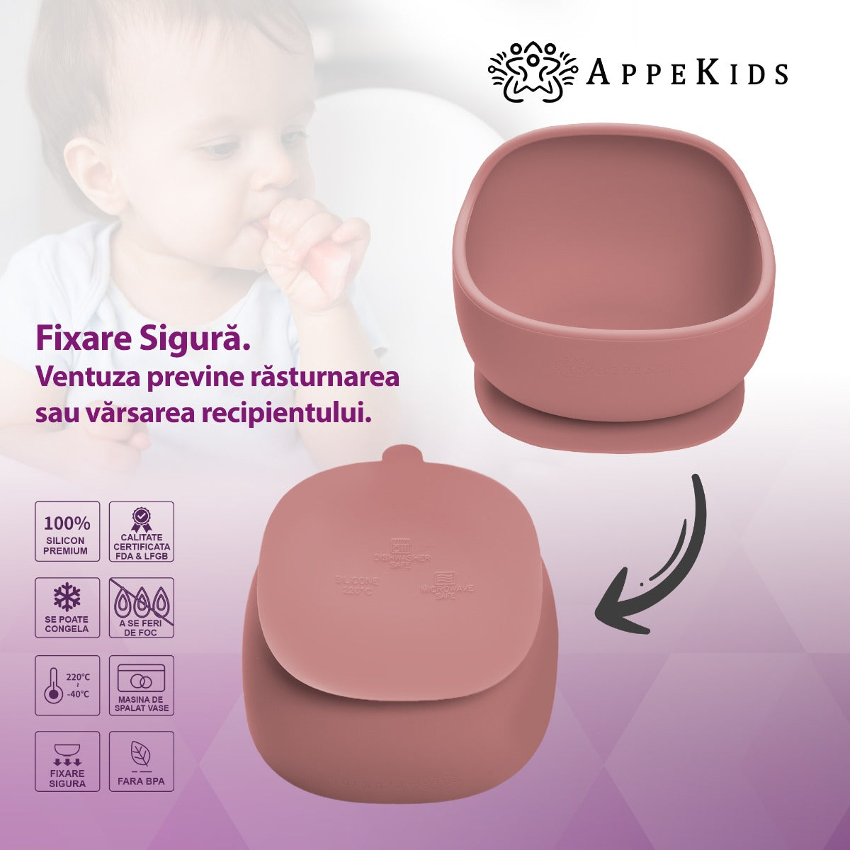 Bol din silicon cu ventuza, AppeKids, Classic - Old Rose - gogobaby.ro