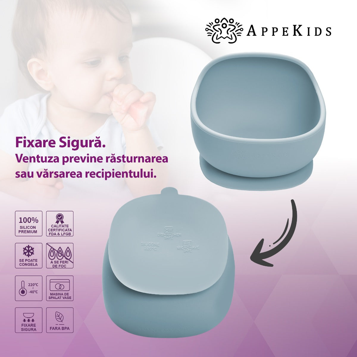 Bol din silicon cu ventuza, AppeKids, Classic - Aqua Blue