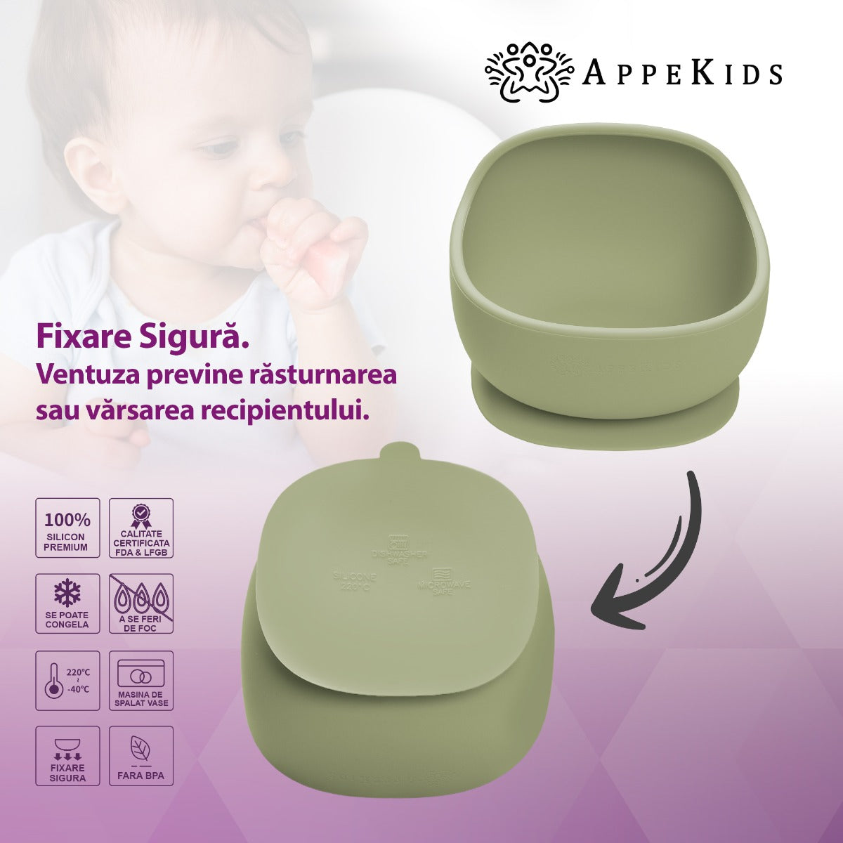 Bol din silicon cu ventuza, AppeKids, Classic - Raw Green