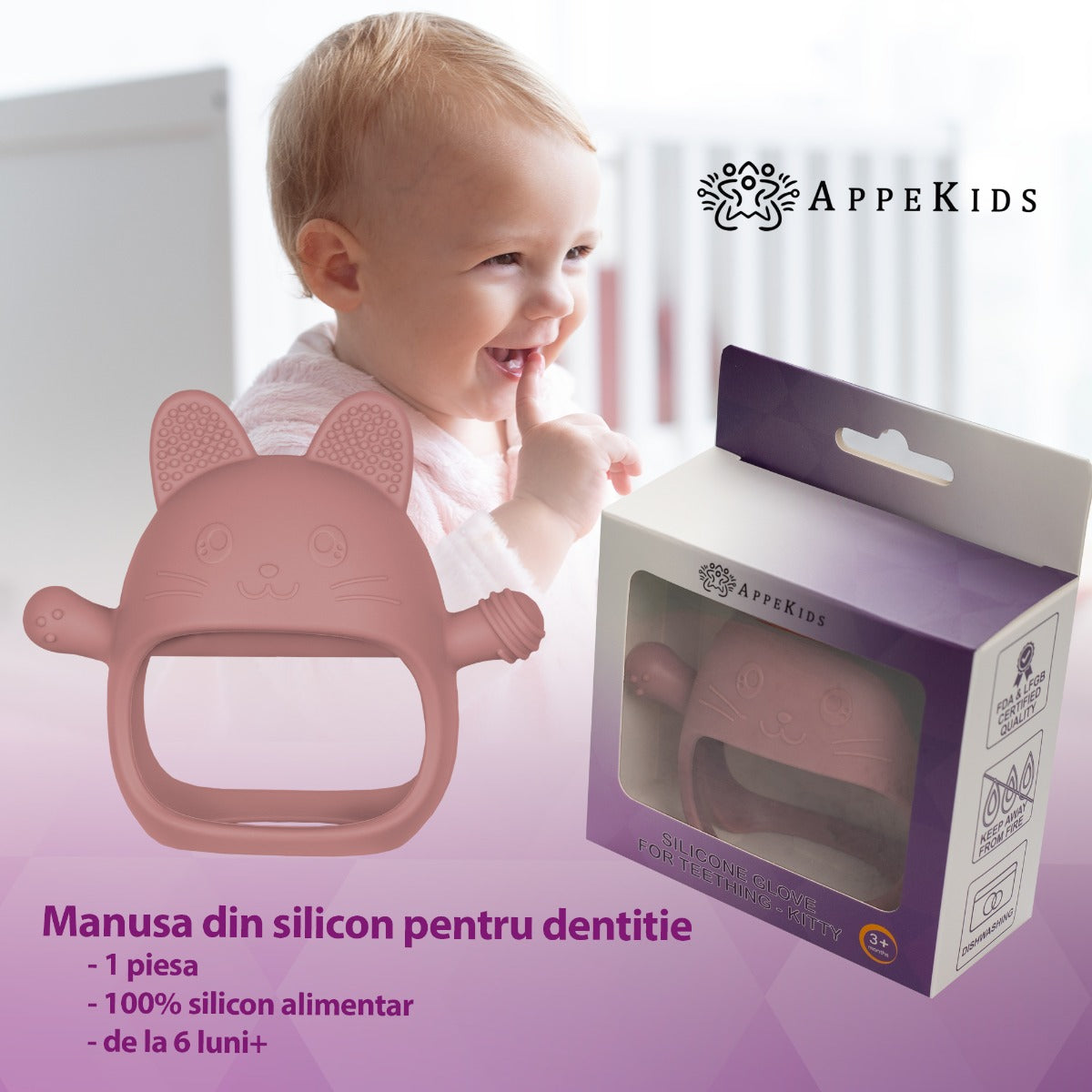 Jucarie pentru dentitie din silicon, Appekids, Manusa Kitty - Old Rose - gogobaby.ro