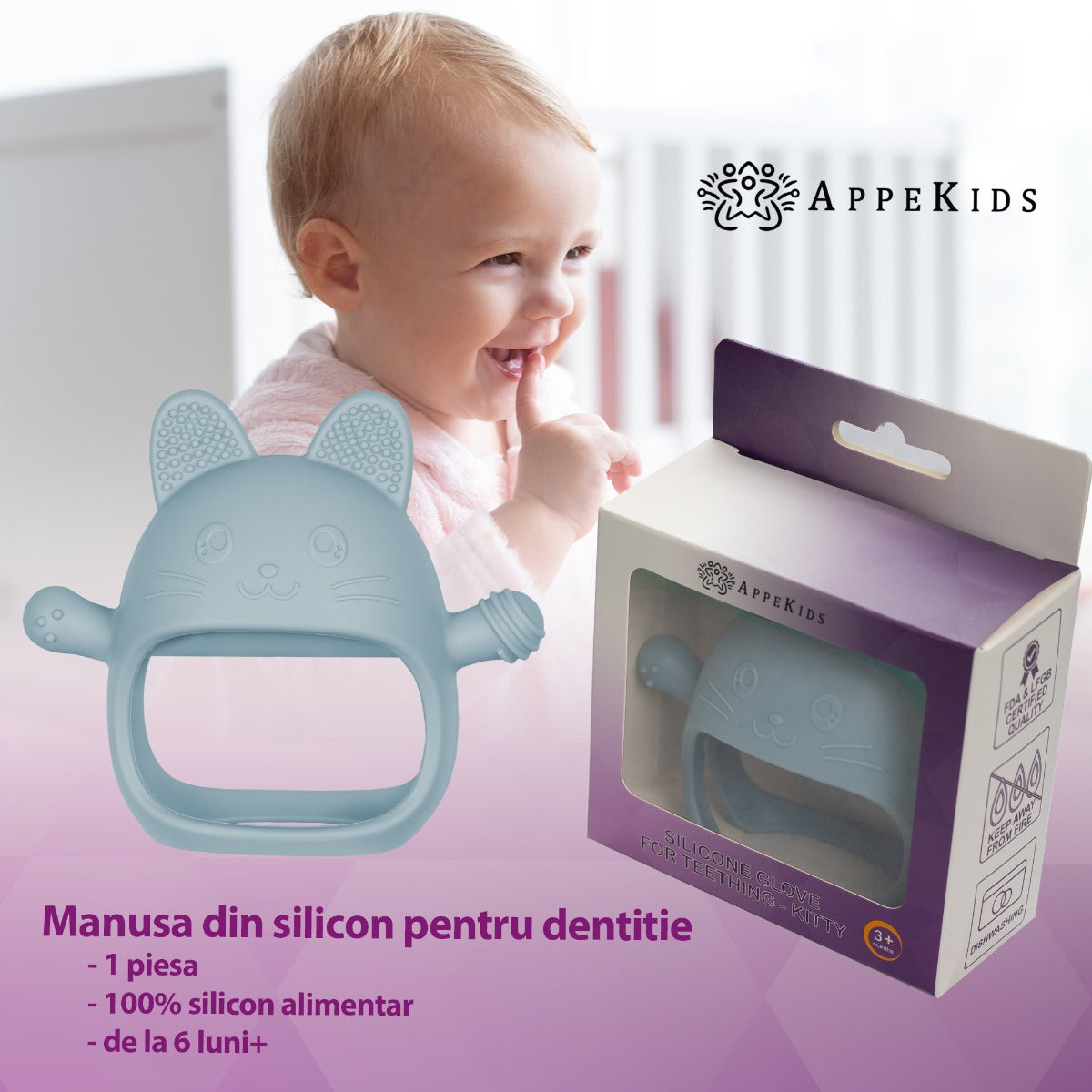 Jucarie pentru dentitie din silicon, Appekids, Manusa Kitty - Aqua Blue