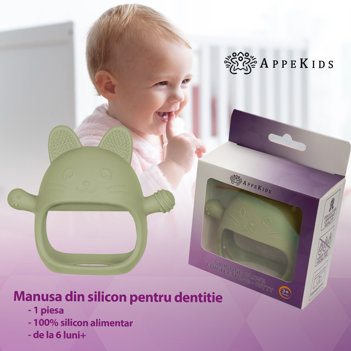Jucarie pentru dentitie din silicon, Appekids, Manusa Kitty - Raw Green
