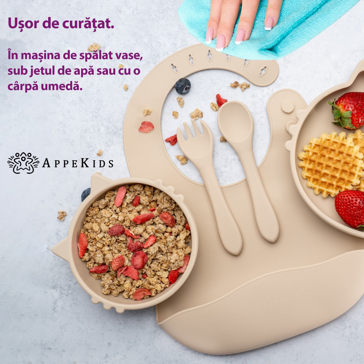 Set Diversificare, AppeKids, 100% Silicon, Kitty - Bubble Beige - gogobaby.ro