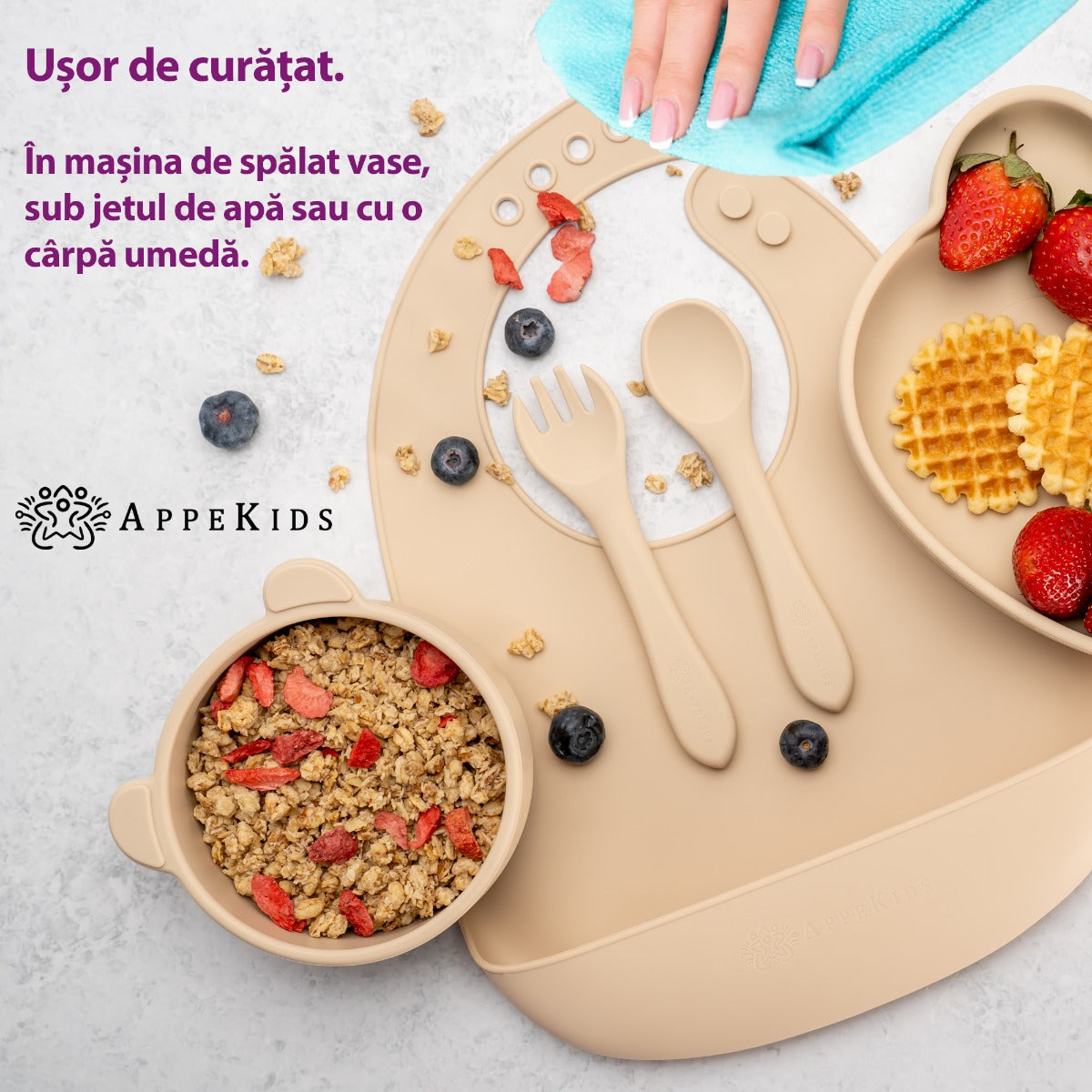 Set Diversificare, AppeKids, 100% Silicon, Panda - Bubble Beige - gogobaby.ro