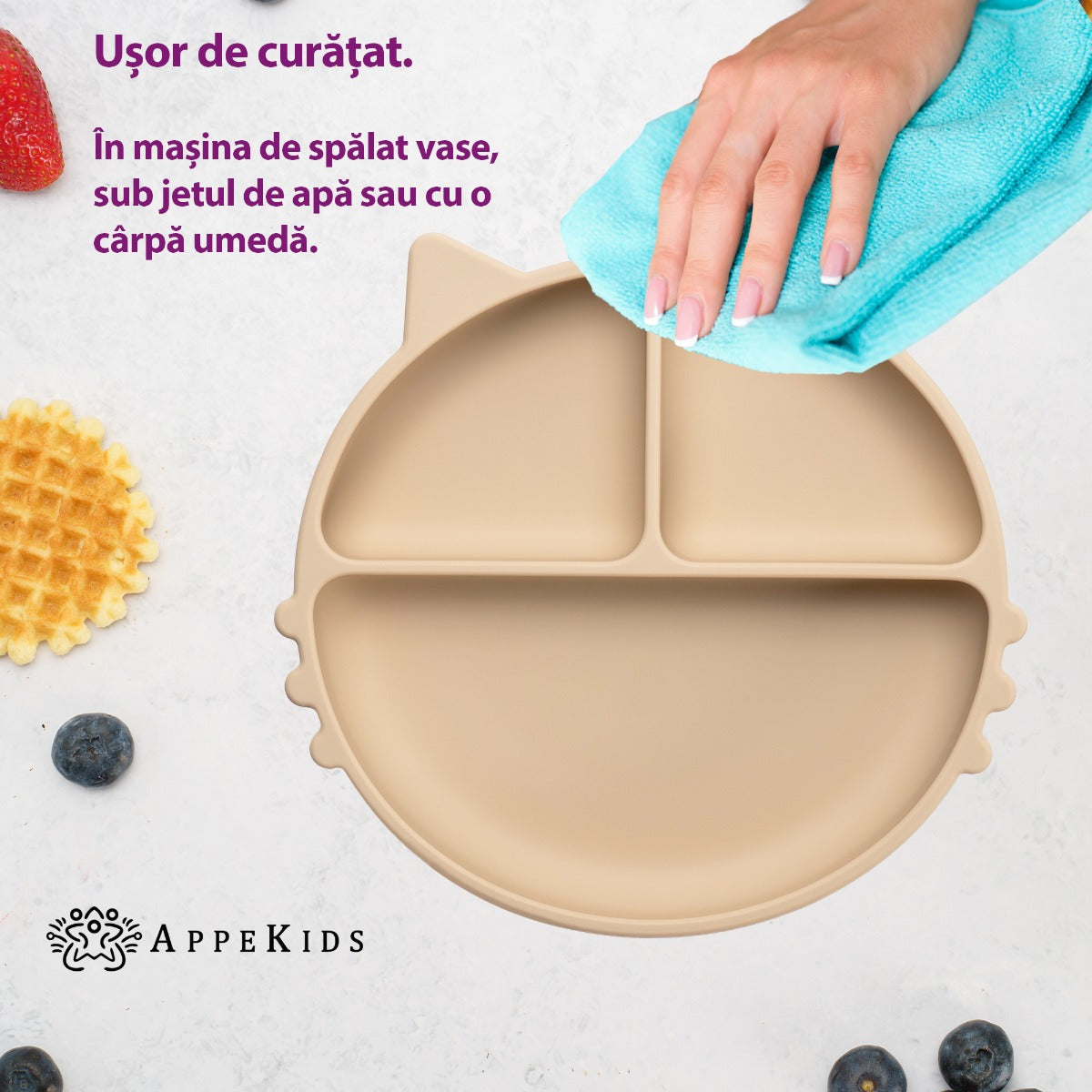 Farfurie compartimentata din silicon cu ventuza, AppeKids - Kitty - Bubble Beige - gogobaby.ro