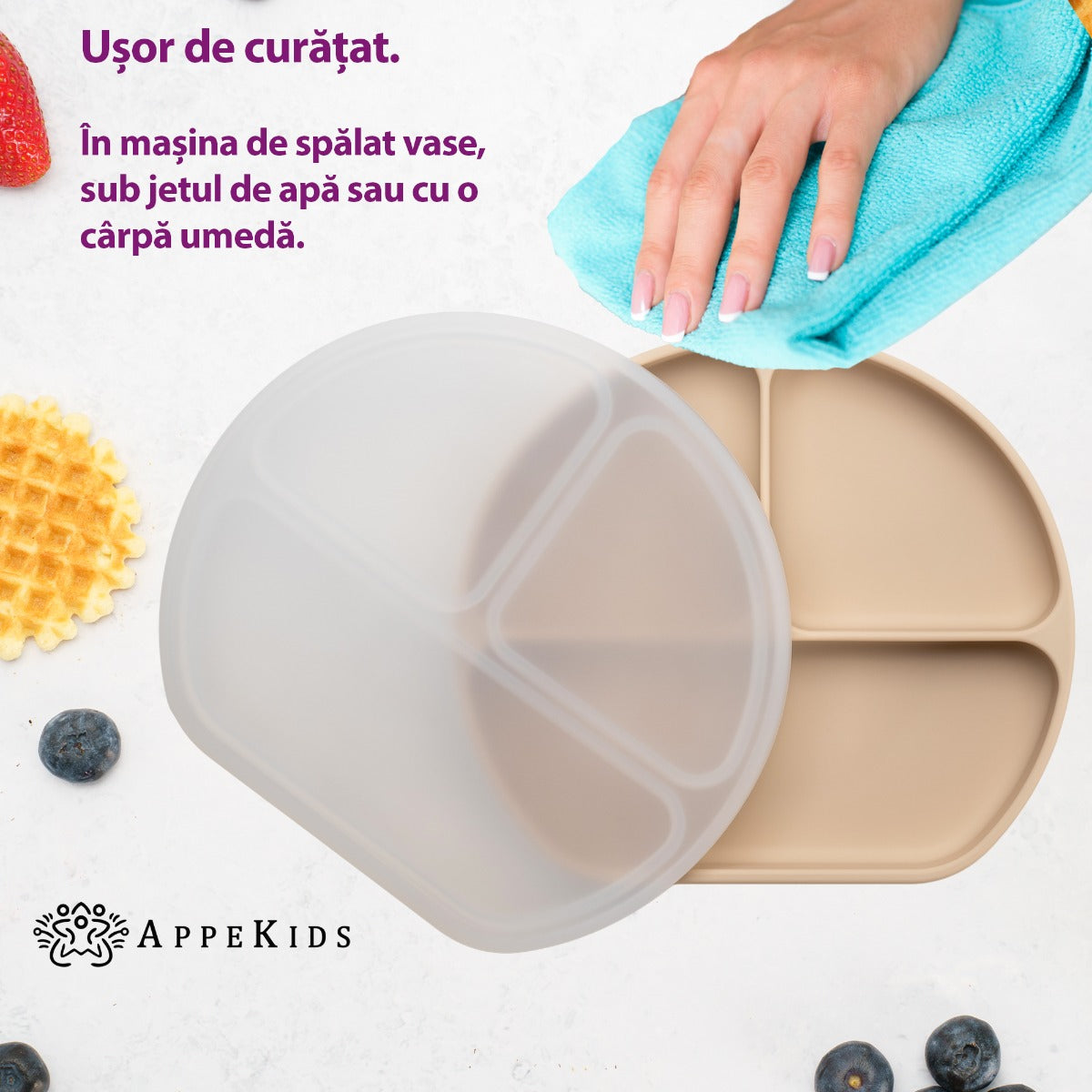 Farfurie compartimentata din silicon cu ventuza si capac, AppeKids - Bubble Beige - gogobaby.ro