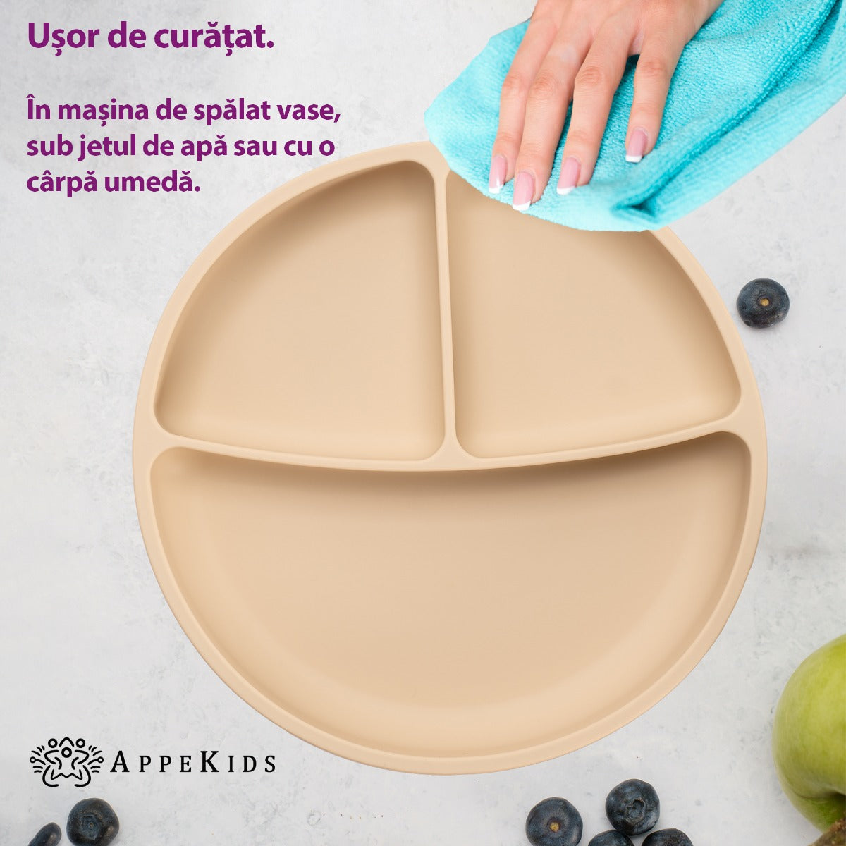 Farfurie compartimentata din silicon cu ventuza, AppeKids - Bubble Beige - gogobaby.ro