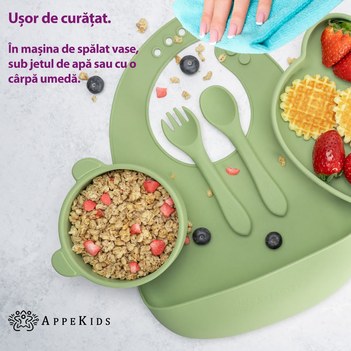 Set Diversificare, AppeKids, 100% Silicon, Panda - Raw Green - gogobaby.ro