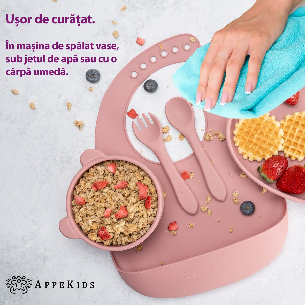Set Diversificare, AppeKids, 100% Silicon, Panda - Old Rose - gogobaby.ro