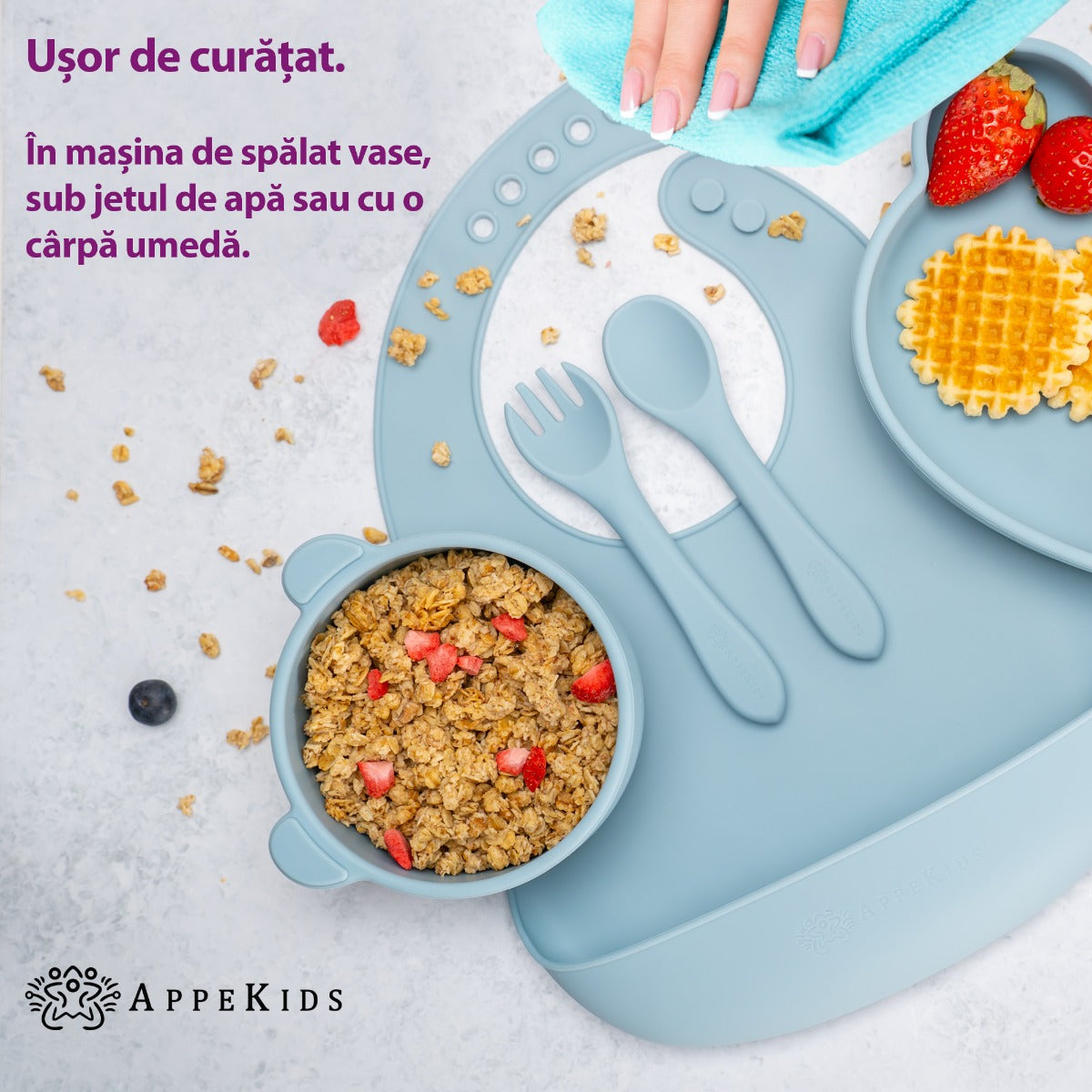 Set Diversificare, AppeKids, 100% Silicon, Panda - Aqua Blue - gogobaby.ro