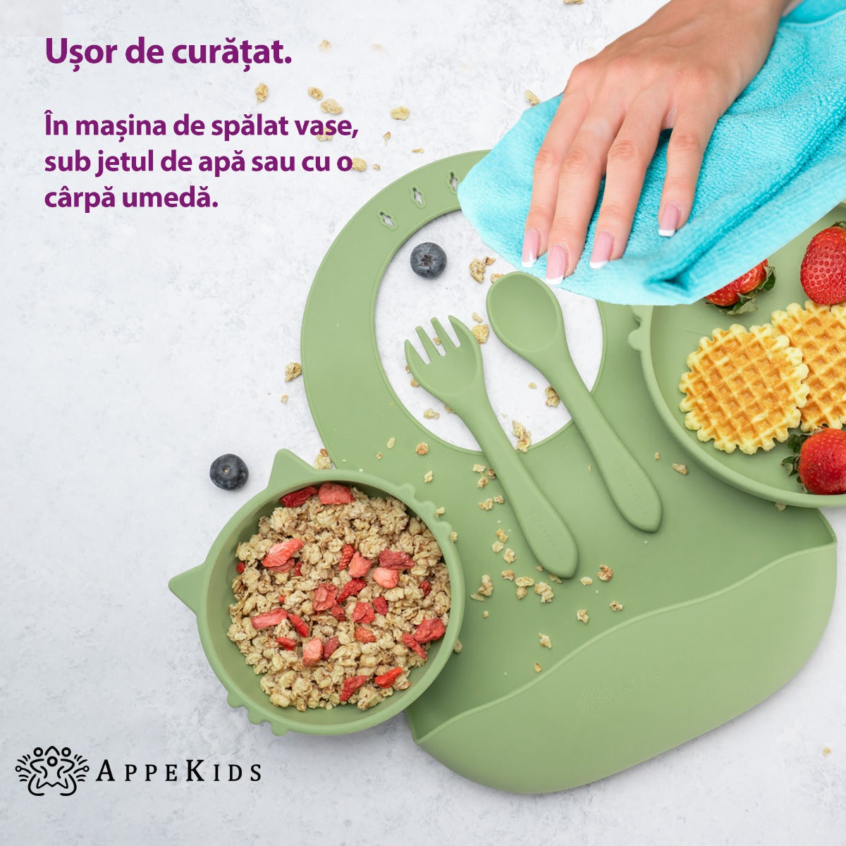 Set Diversificare, AppeKids, 100% Silicon, Kitty - Raw Green - gogobaby.ro
