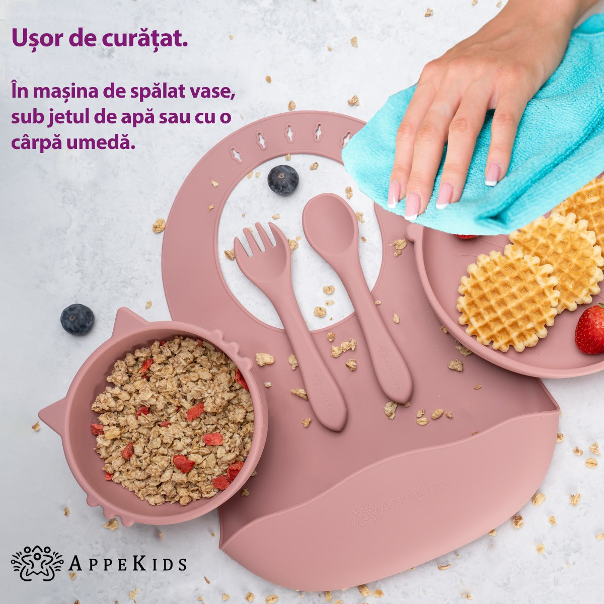 Set Diversificare, AppeKids, 100% Silicon, Kitty - Old Rose - gogobaby.ro