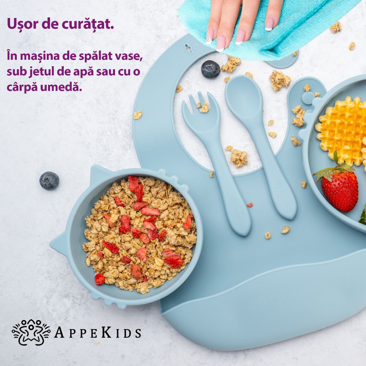 Set Diversificare, AppeKids, 100% Silicon, Kitty - Aqua Blue - gogobaby.ro