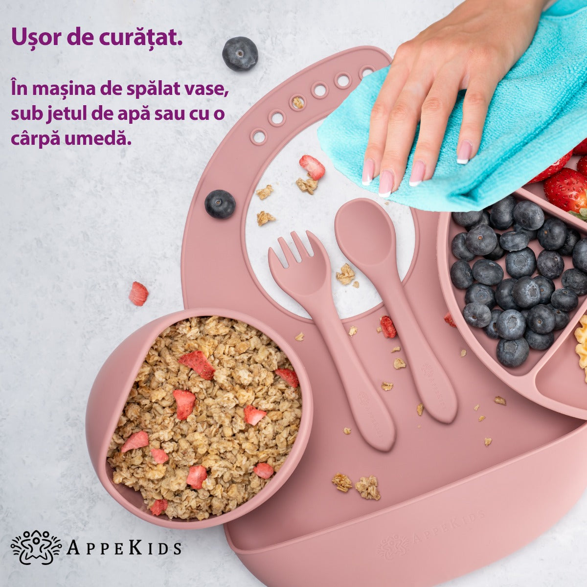 Set Diversificare, AppeKids, 100% Silicon, Classic - Old Rose - gogobaby.ro