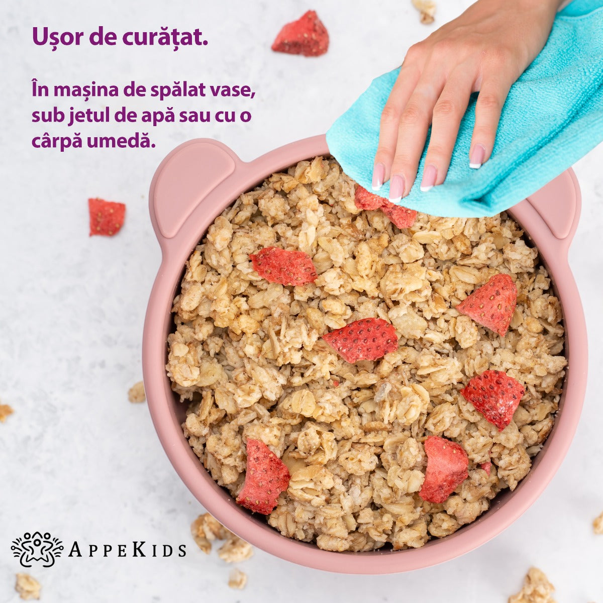 Bol din silicon cu ventuza, AppeKids, The Little Bear - Old Rose - gogobaby.ro