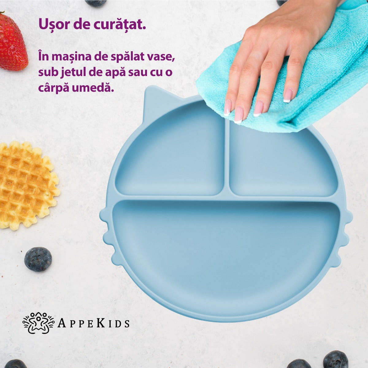 Farfurie compartimentata din silicon cu ventuza, AppeKids - Kitty - Aqua Blue - gogobaby.ro