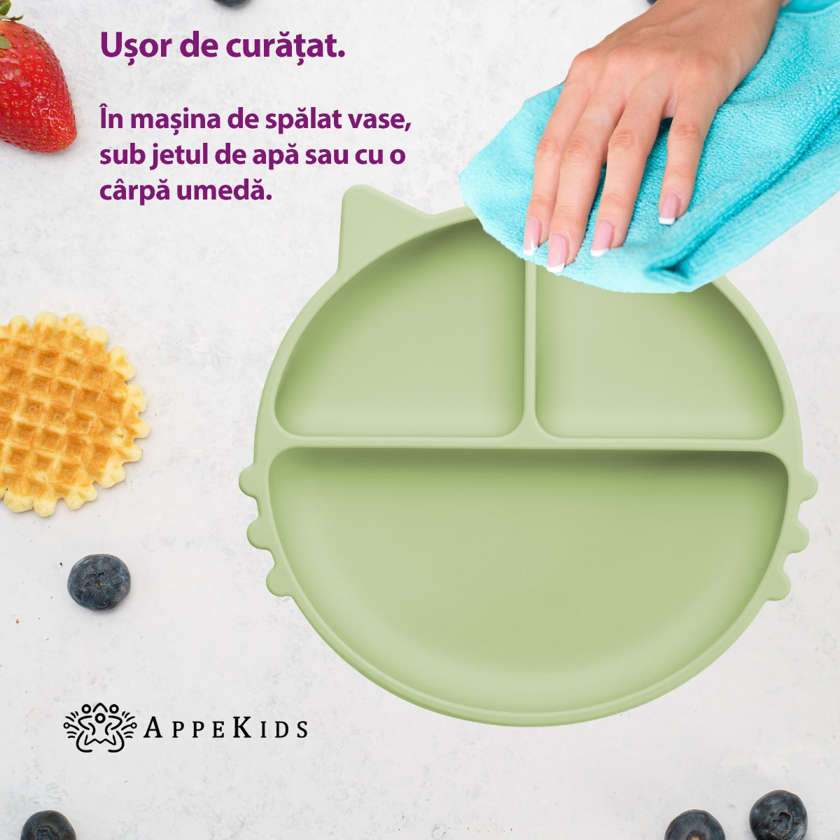 Farfurie compartimentata din silicon cu ventuza, AppeKids - Kitty - Raw Green - gogobaby.ro