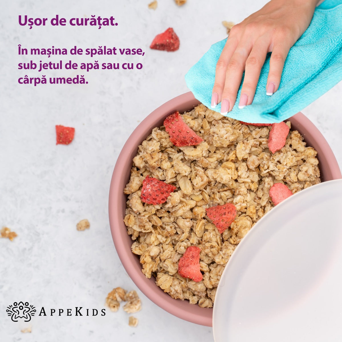 Bol din silicon cu ventuza si capac, AppeKids - Old Rose - gogobaby.ro