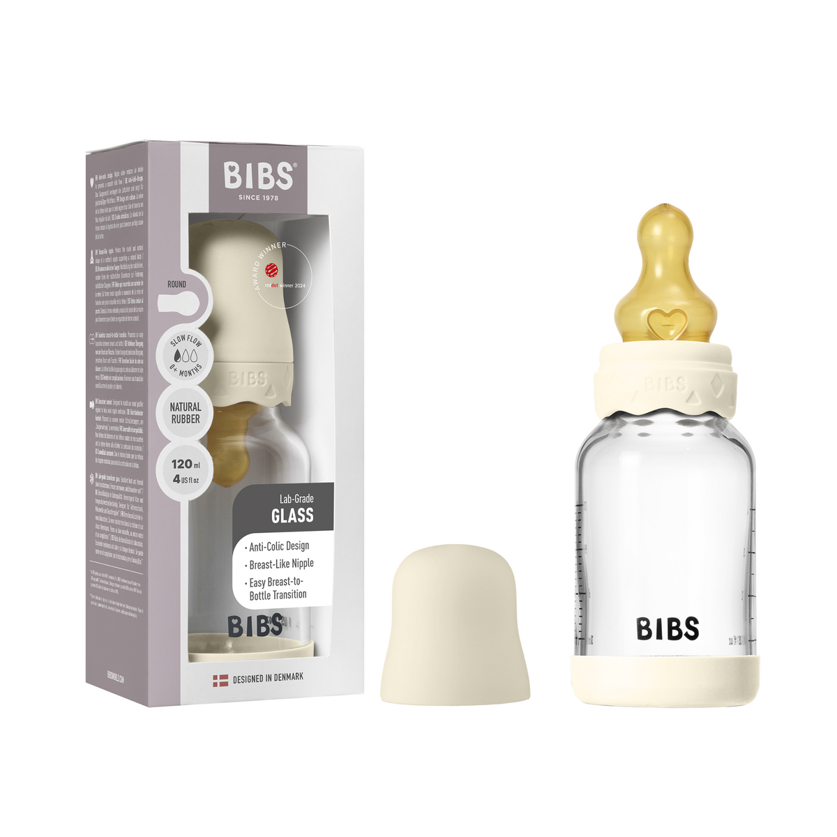 BIBS - Set complet biberon Boheme din sticla anticolici cu tetina din latex, flux lent, 120 ml, Ivory - gogobaby.ro