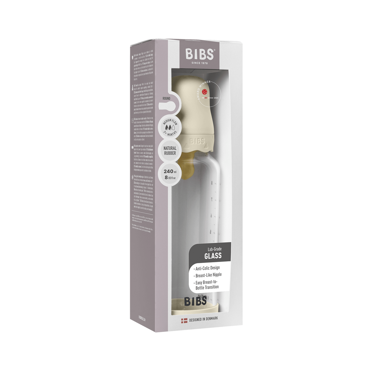 BIBS - Set complet biberon Boheme din sticla anticolici cu tetina din latex, flux mediu, 240 ml, Ivory