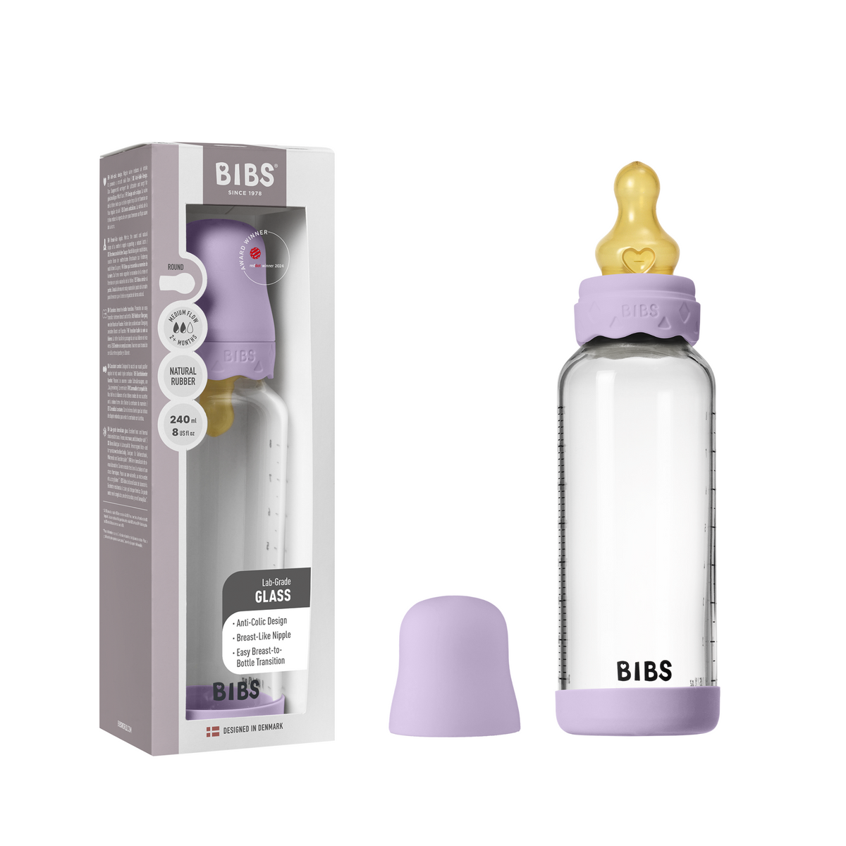 BIBS - Set complet biberon Boheme din sticla anticolici cu tetina din latex, flux mediu, 240 ml, Violet Sky - gogobaby.ro