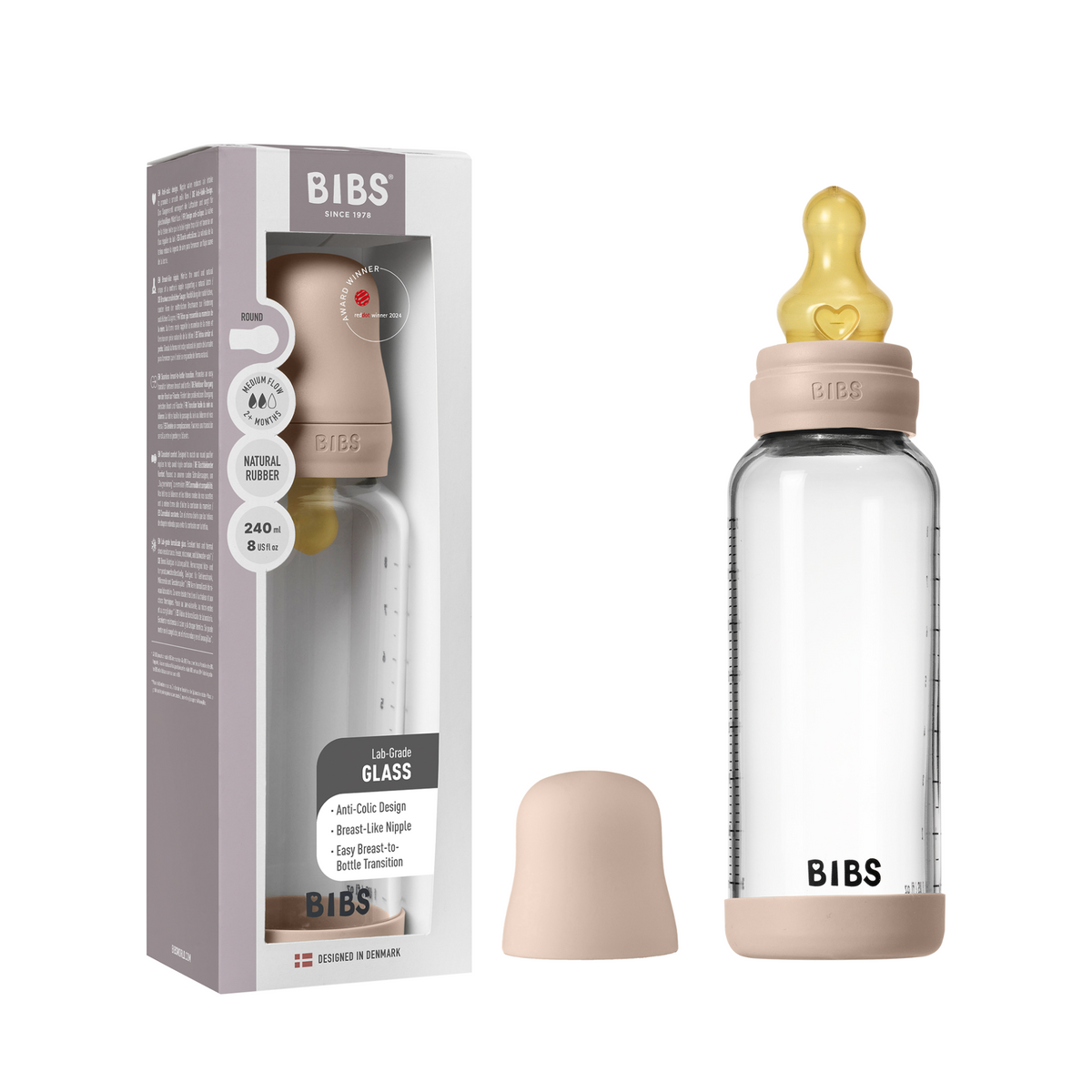 BIBS - Set complet biberon din sticla anticolici cu tetina din latex, flux mediu, 240 ml, Blush - gogobaby.ro