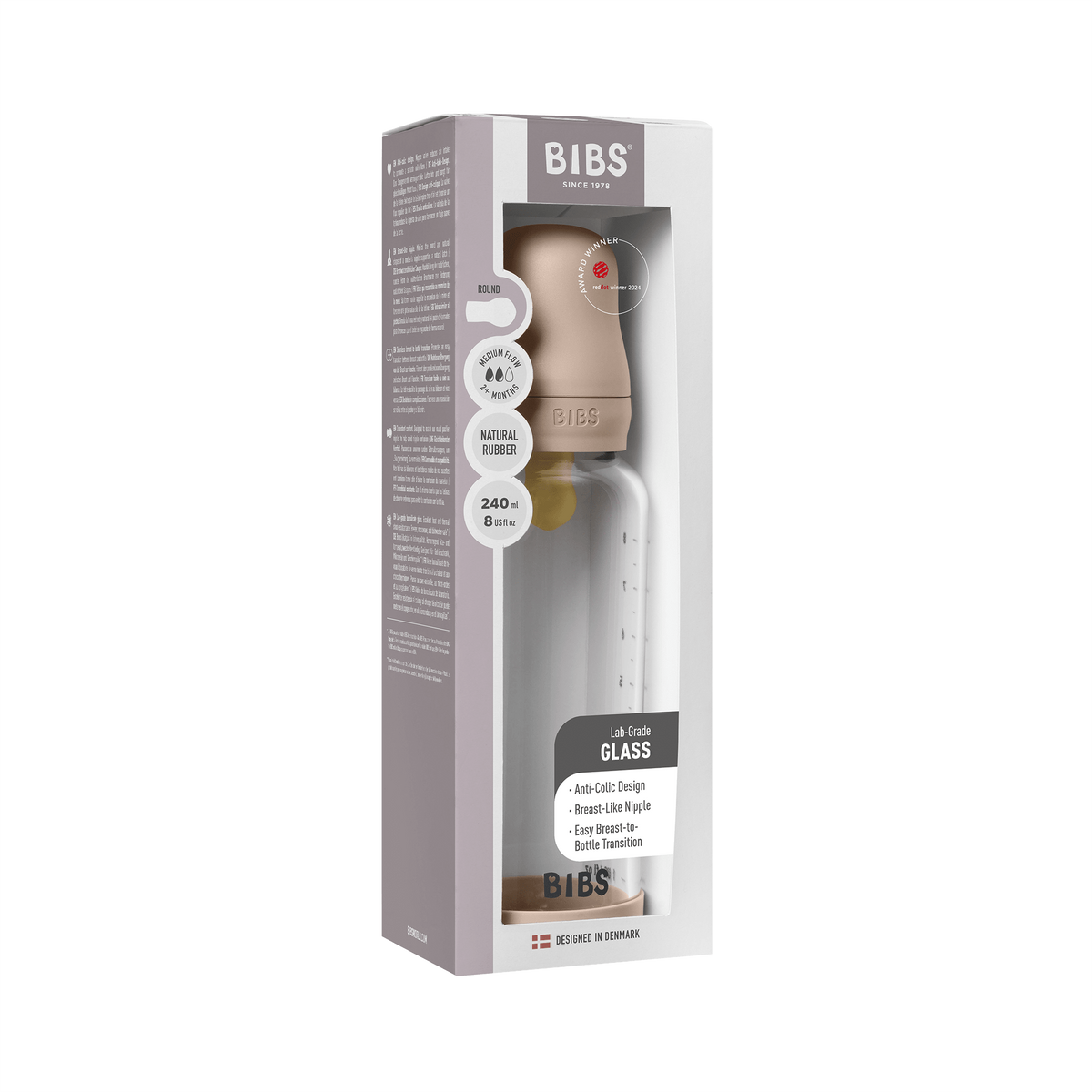 BIBS - Set complet biberon din sticla anticolici cu tetina din latex, flux mediu, 240 ml, Blush - gogobaby.ro