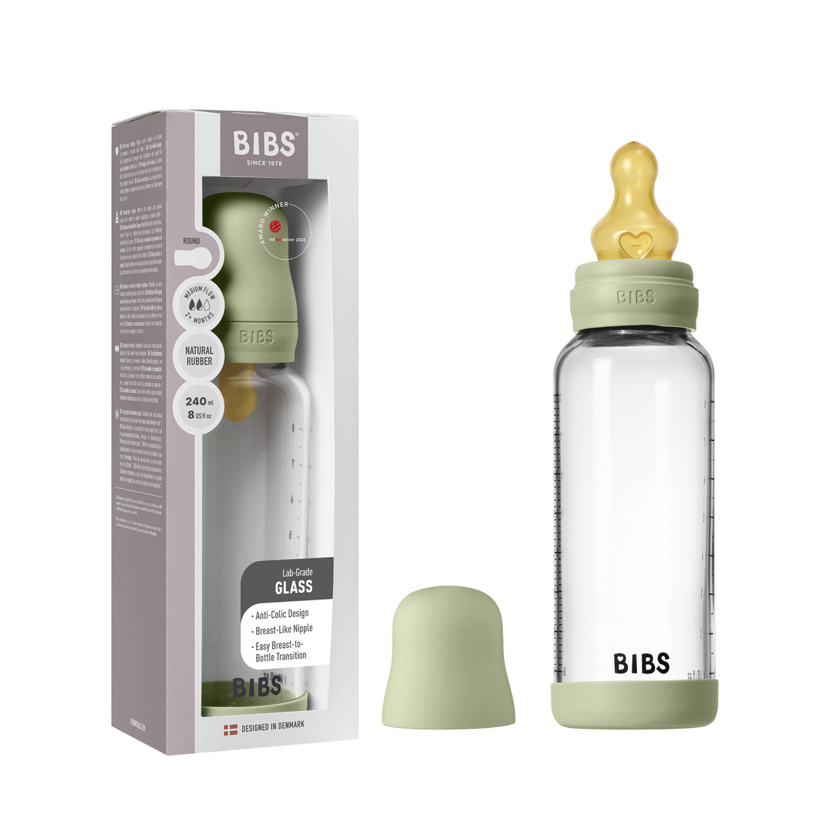 BIBS - Set complet biberon din sticla anticolici cu tetina din latex, flux mediu, 240 ml, Sage - gogobaby.ro