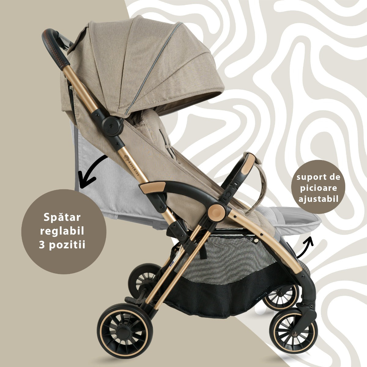 Carucior Sport AppeKids – Upp – Ultracompact, Pliere automata, De la nastere la 22kg - Bubble Beige