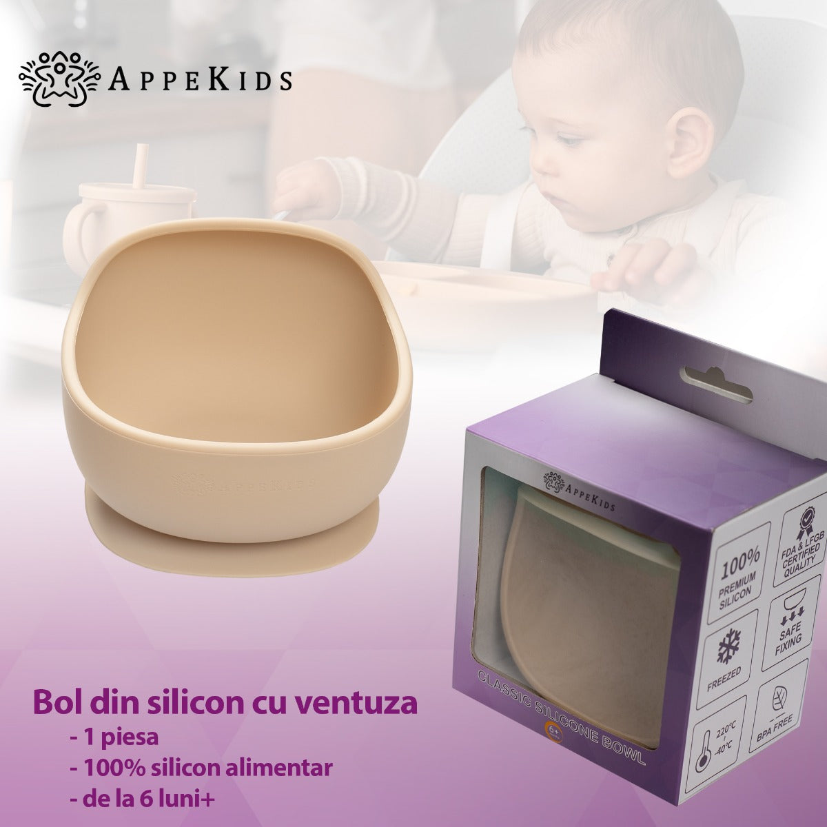 Bol din silicon cu ventuza, AppeKids, Classic - Bubble Beige