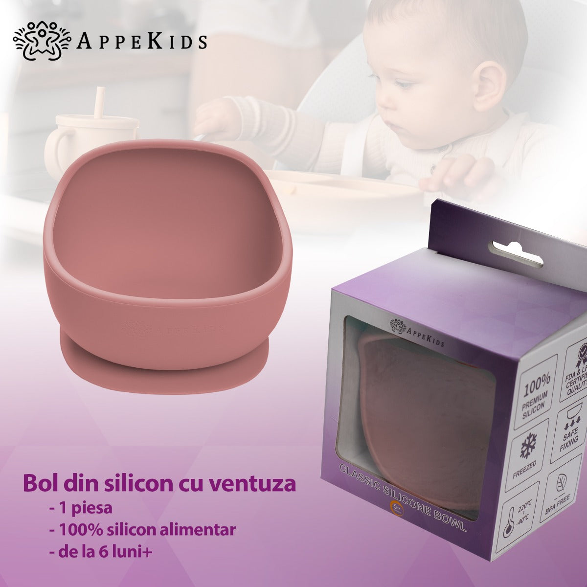 Bol din silicon cu ventuza, AppeKids, Classic - Old Rose - gogobaby.ro