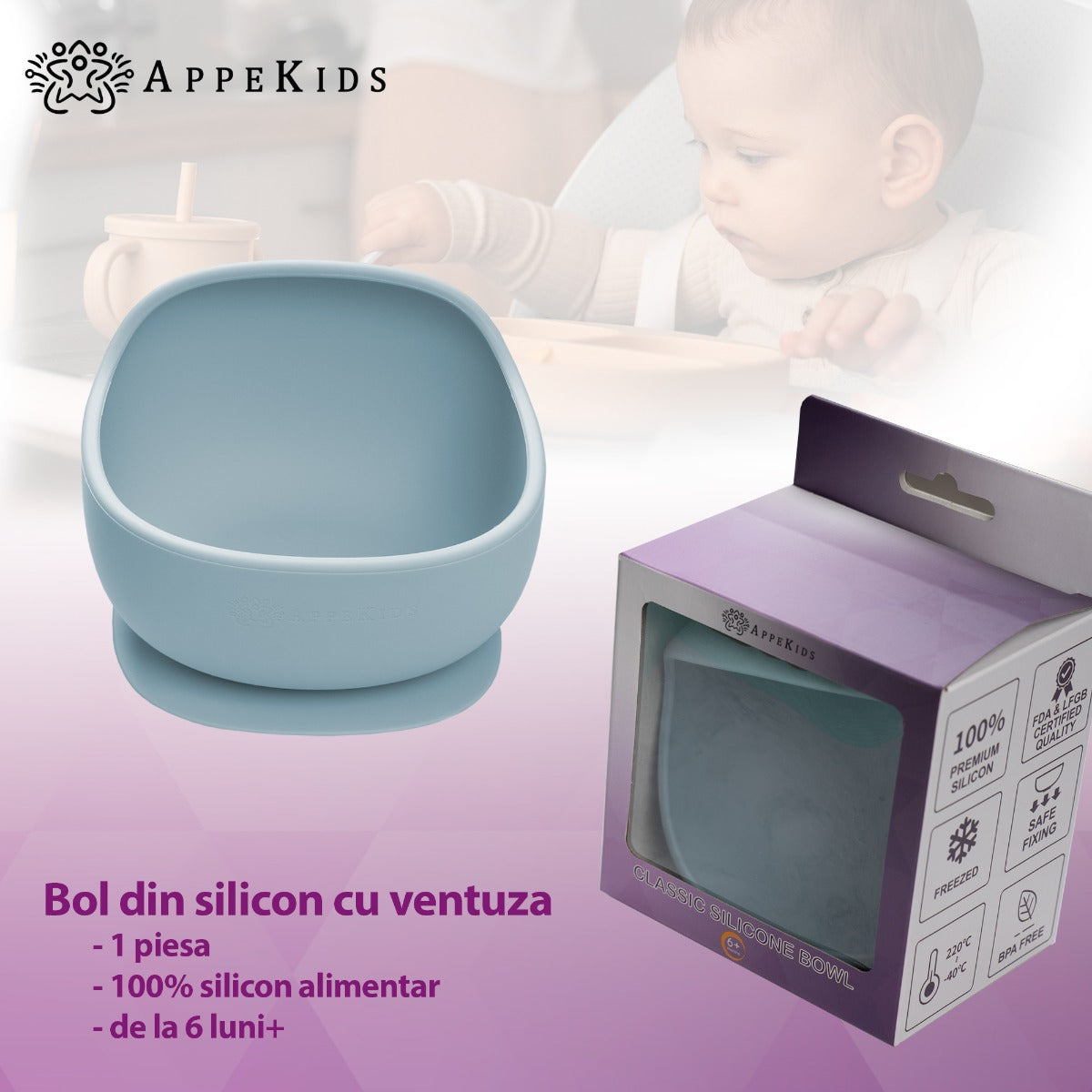 Bol din silicon cu ventuza, AppeKids, Classic - Aqua Blue