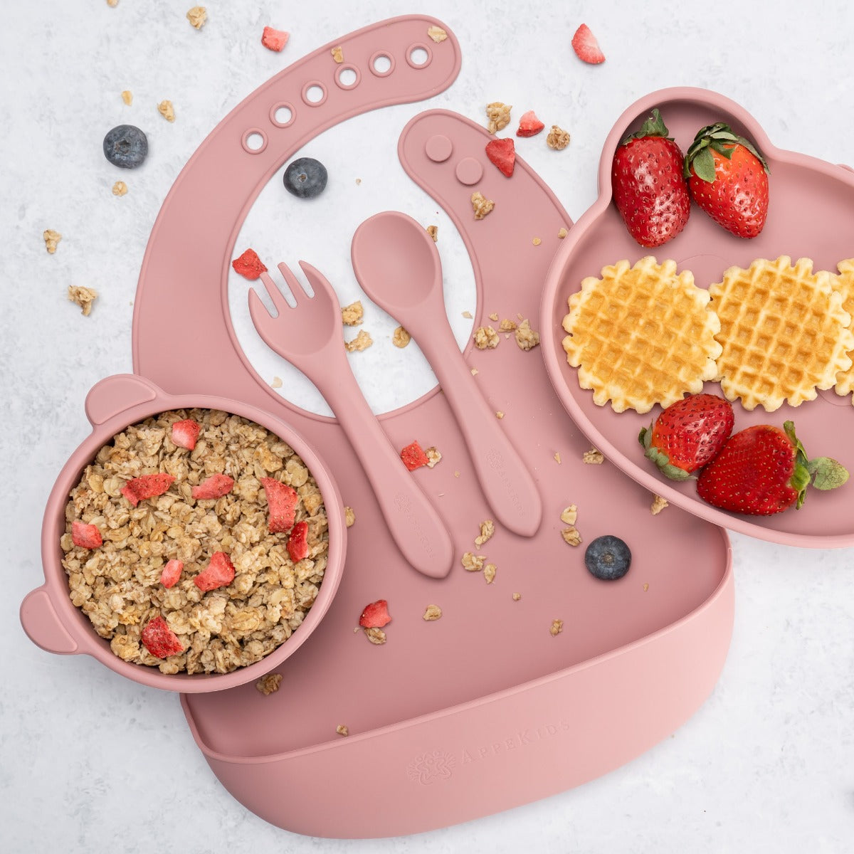 Set Diversificare, AppeKids, 100% Silicon, Panda - Old Rose - gogobaby.ro