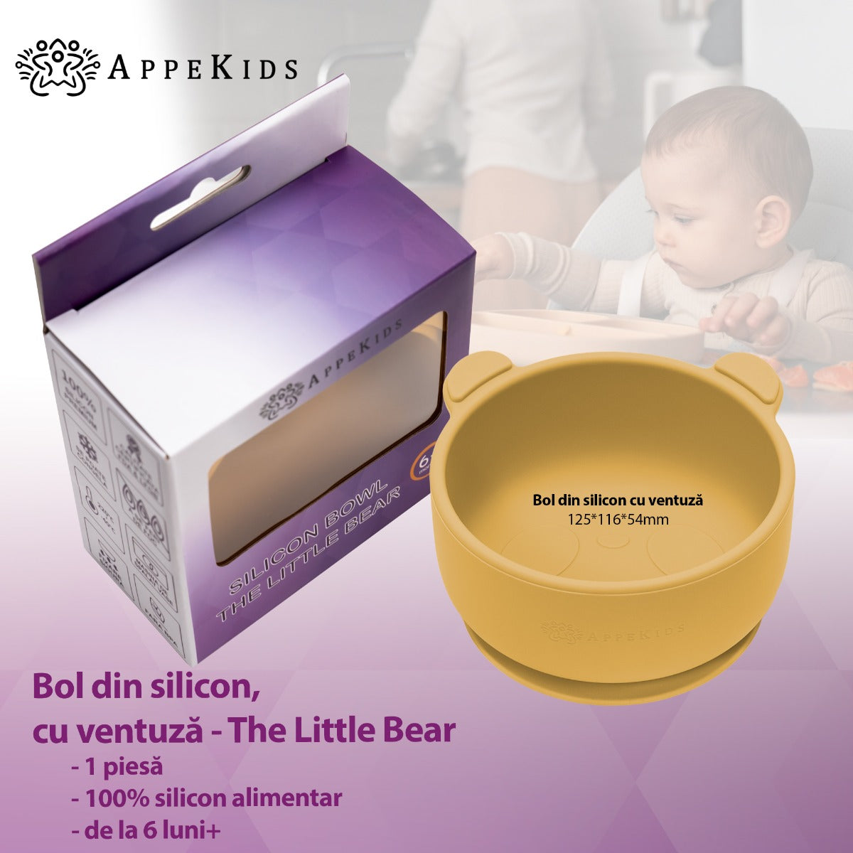 Bol din silicon cu ventuza, AppeKids, The Little Bear - Honey - gogobaby.ro