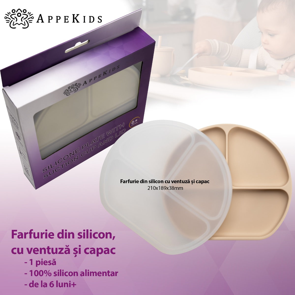 Farfurie compartimentata din silicon cu ventuza si capac, AppeKids - Bubble Beige - gogobaby.ro