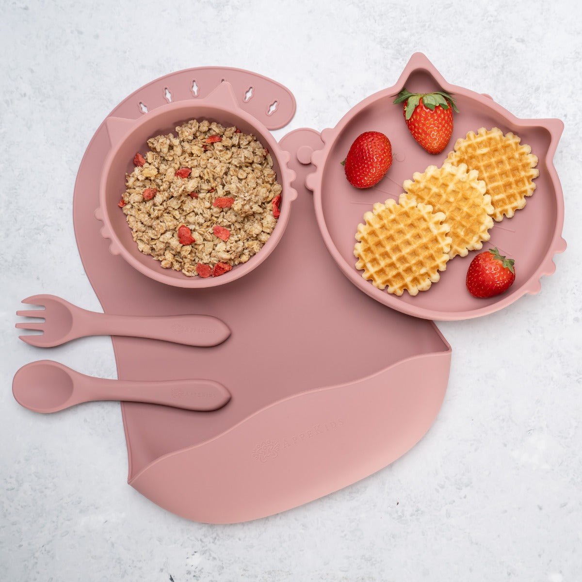 Set Diversificare, AppeKids, 100% Silicon, Kitty - Old Rose - gogobaby.ro