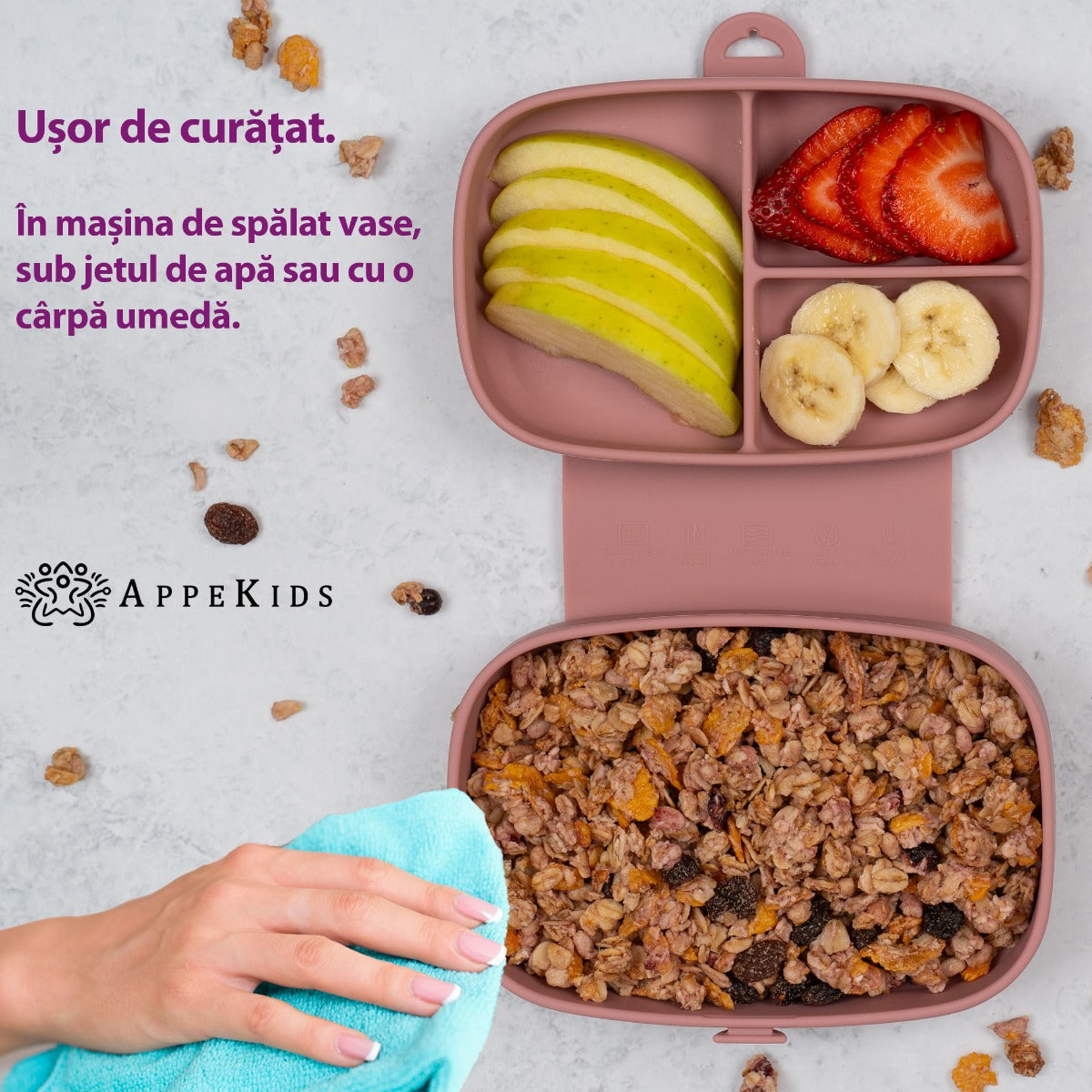 Caserola compartimentata din silicon cu ventuza, AppeKids Magic Box - Old Rose - gogobaby.ro
