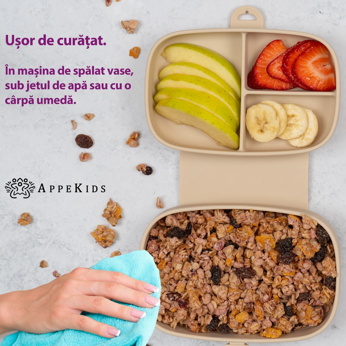Caserola compartimentata din silicon cu ventuza, AppeKids Magic Box - Raw Green - gogobaby.ro