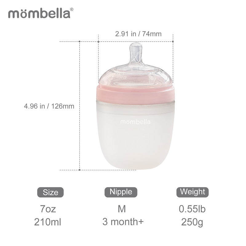 Biberon Anticolici Mombella Breast-Like, 210ml, Tetina M flux mediu, 100% Silicon, Old Roze - gogobaby.ro